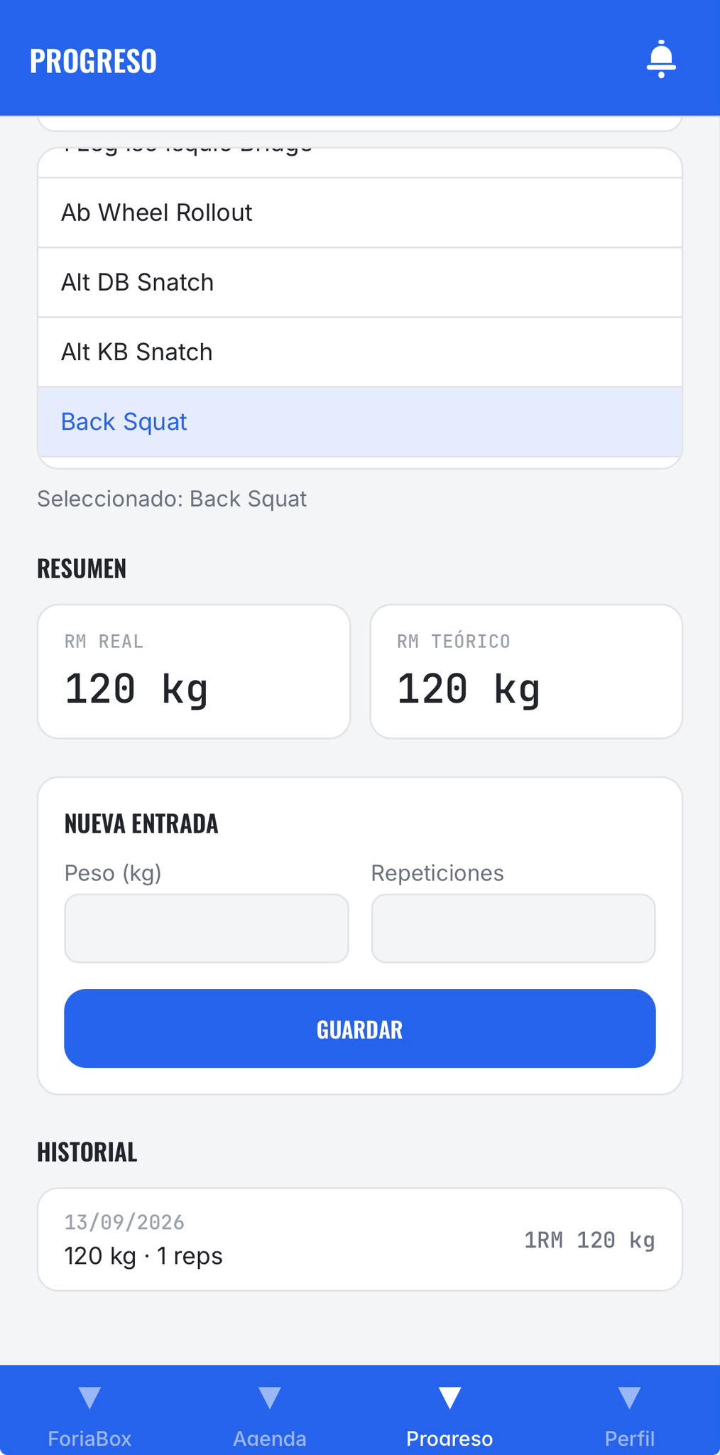 Pantalla de registrar resultado en ForjaBox